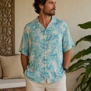 Tasso Elba Silk Linen Hawaiian Shirt XL Tropical Camp Collar Beach